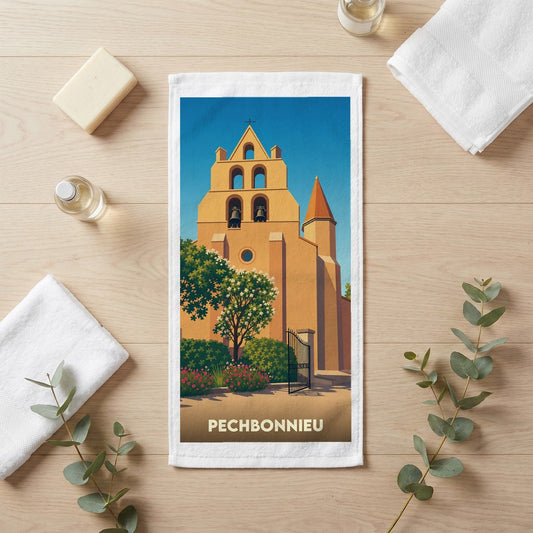 Serviette souvenir de la ville de Pechbonnieu avec une illustration stylisée de son église.