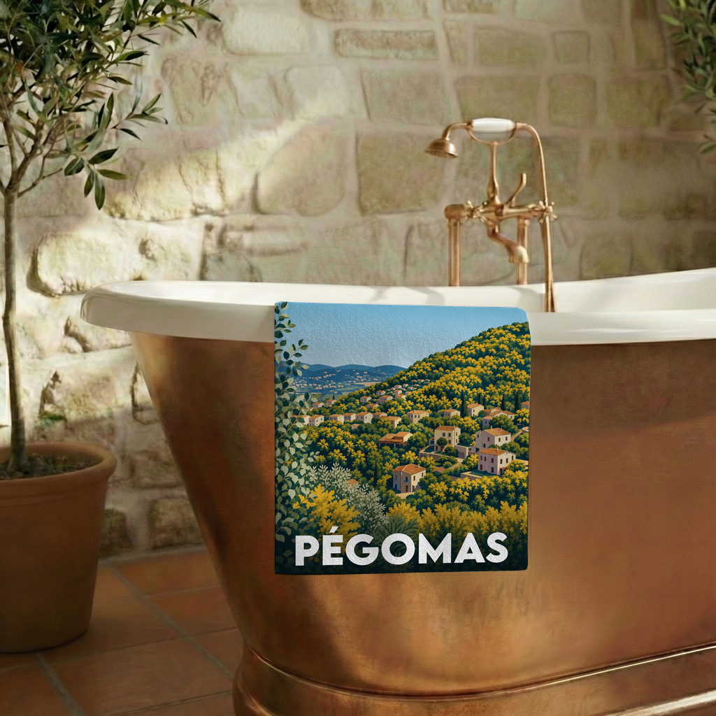 Serviette de bain souvenir de la ville de Pégomas avec une illustration stylisée de son paysage vallonné.