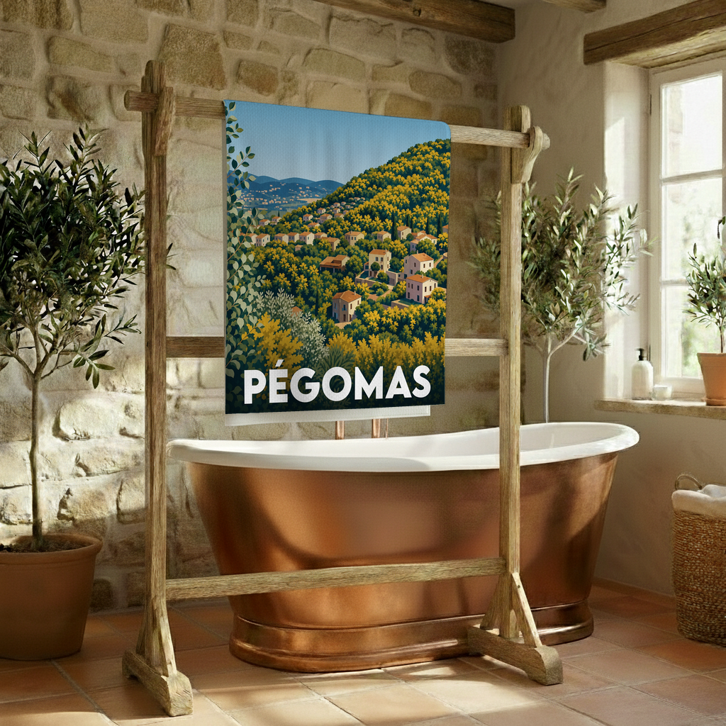 Serviette de bain souvenir de la ville de Pégomas avec une illustration stylisée de son paysage vallonné.
