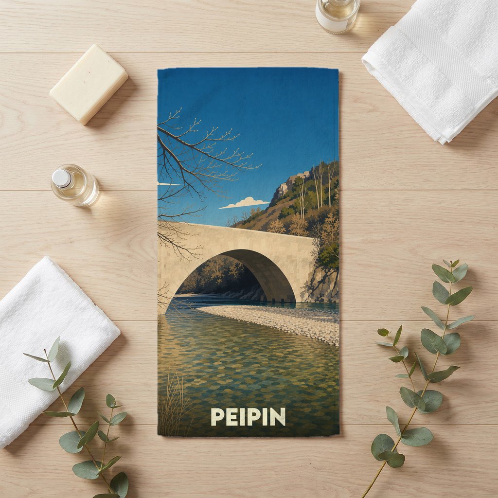 Serviette de bain souvenir de la ville de Peipin avec une illustration stylisée d'un pont de pierre.