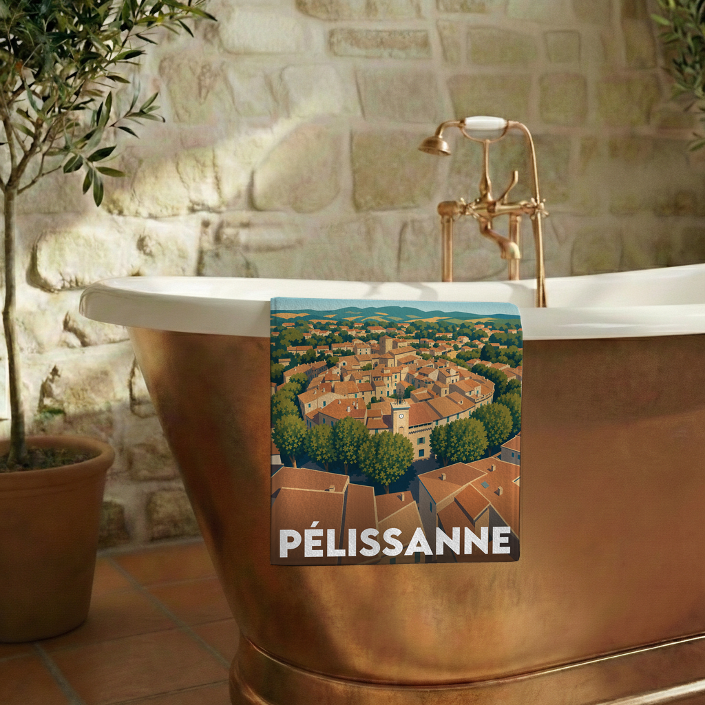 Serviette de bain souvenir de la ville de Pélissanne avec une illustration stylisée.