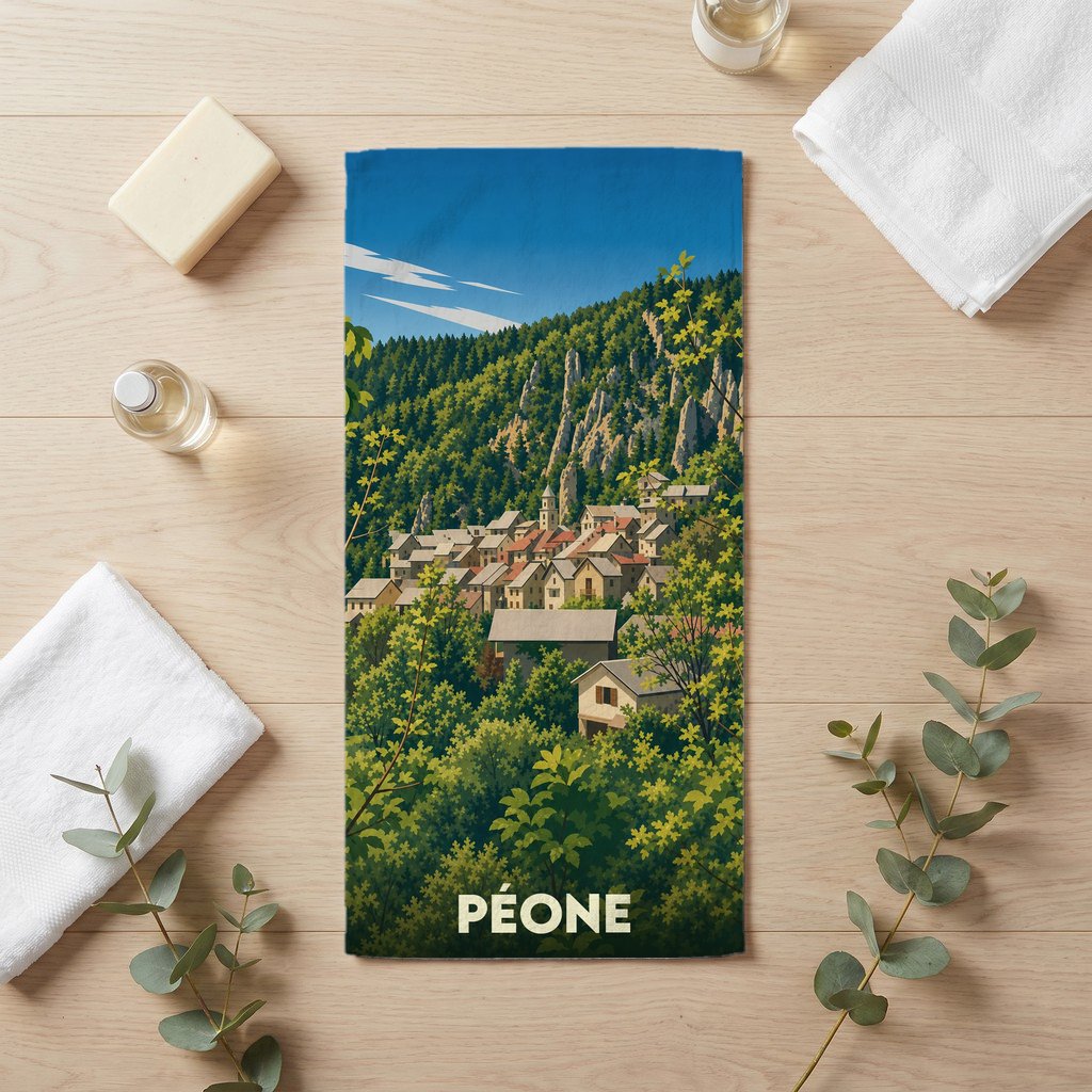 Serviette de bain souvenir de la ville de Péone avec une illustration stylisée.