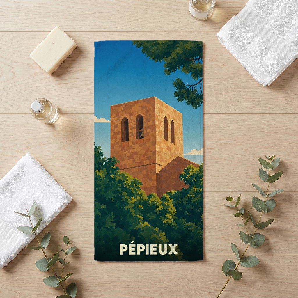 Serviette de bain souvenir de la ville de Pépieux avec une illustration stylisée de son clocher.
