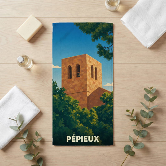 Serviette de bain souvenir de la ville de Pépieux avec une illustration stylisée de son clocher.