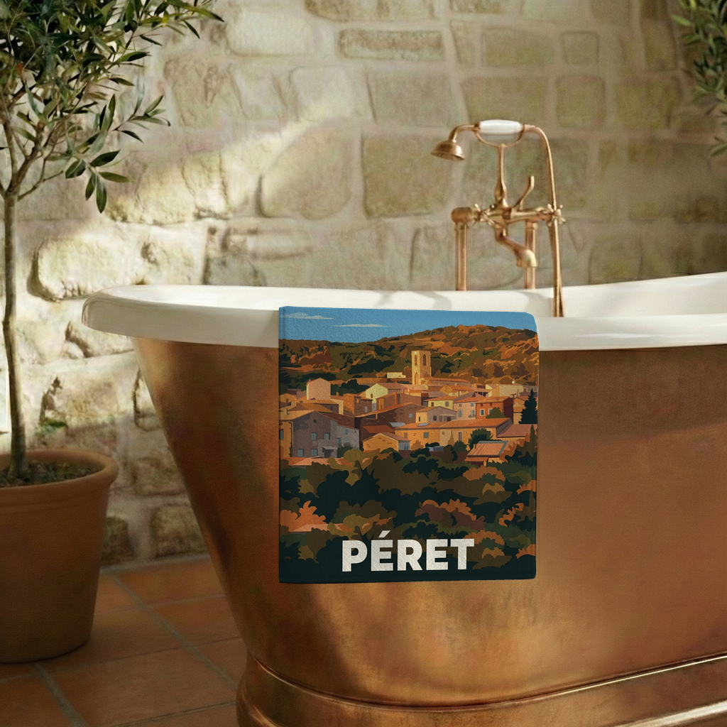 Serviette de bain souvenir de la ville de Péret avec une illustration stylisée.