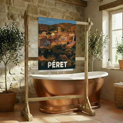 Serviette de bain souvenir de la ville de Péret avec une illustration stylisée.