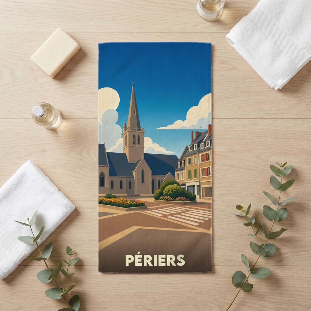 Serviette de bain souvenir de la ville de Périers avec une illustration stylisée de son église et de ses maisons.