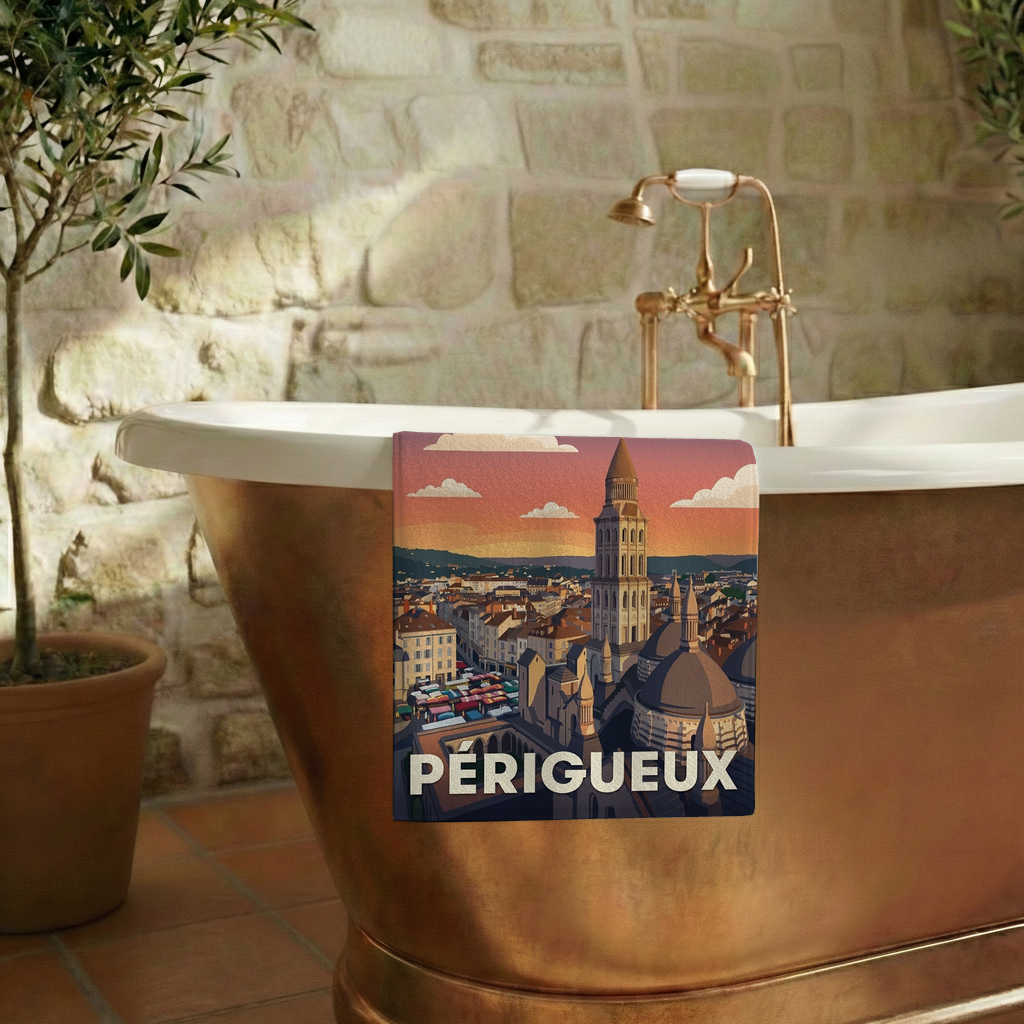Serviette de bain souvenir de la ville de Périgueux avec une illustration stylisée de son architecture.