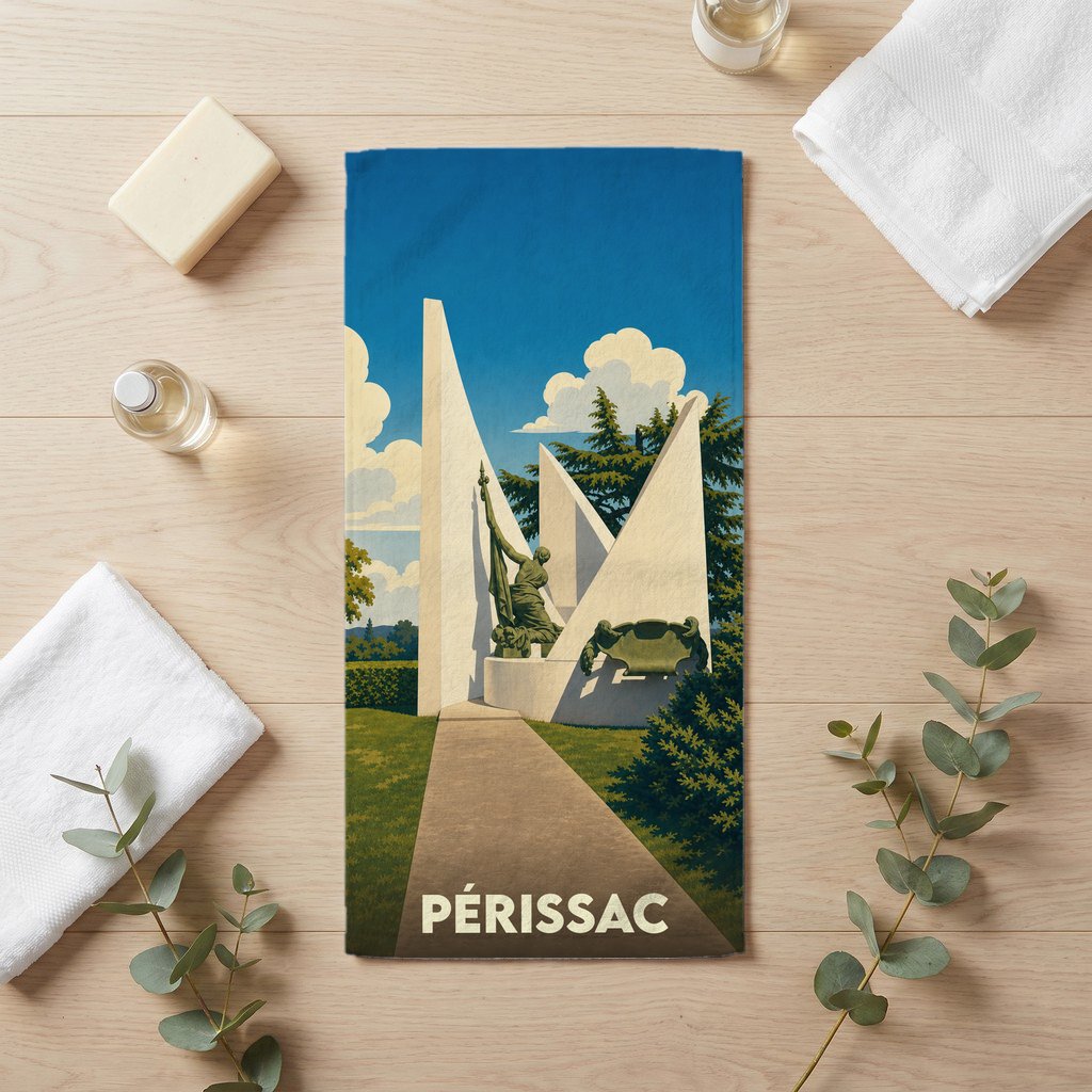 Serviette de bain souvenir de la ville de Périssac avec une illustration stylisée.
