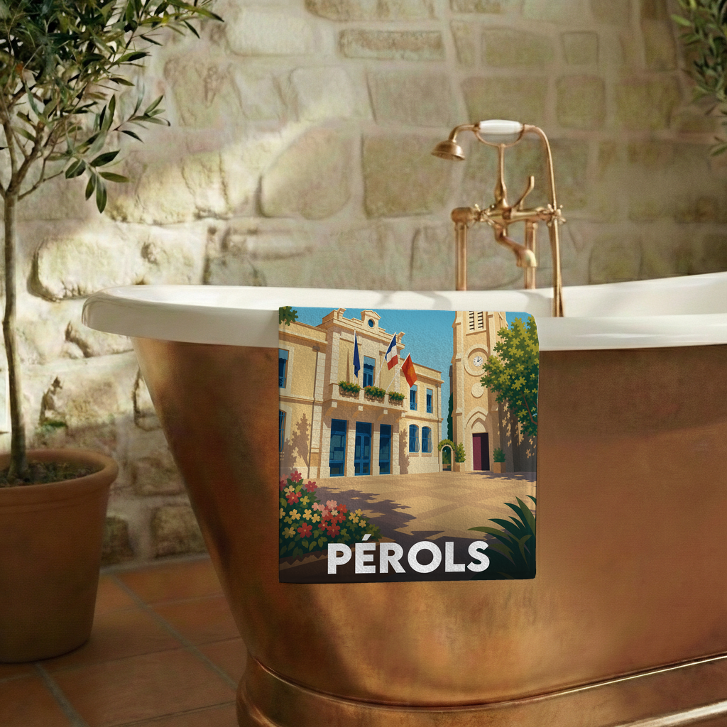 Serviette de bain souvenir de la ville de Pérols avec une illustration stylisée.