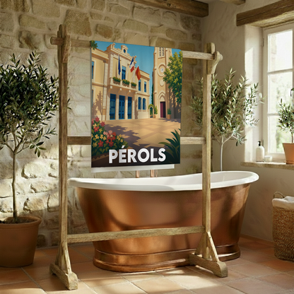 Serviette de bain souvenir de la ville de Pérols avec une illustration stylisée.
