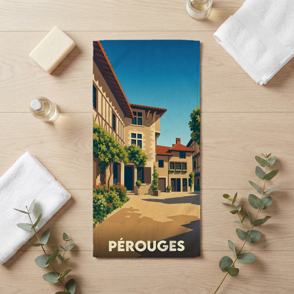 Serviette de bain souvenir de la ville de Pérouges avec une illustration stylisée.
