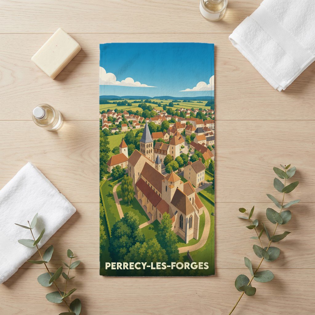 Serviette de bain souvenir de la ville de Perrecy-les-Forges avec une illustration stylisée vue du ciel.
