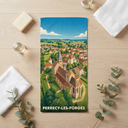 Serviette de bain souvenir de la ville de Perrecy-les-Forges avec une illustration stylisée vue du ciel.