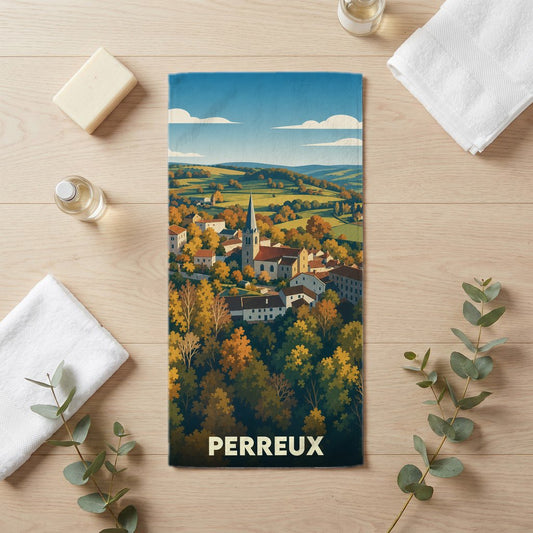 Serviette de bain souvenir de la ville de Perreux avec une illustration stylisée de son paysage vallonné.