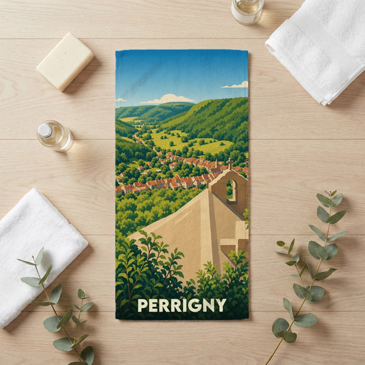 Serviette de bain souvenir de la ville de Perrigny avec une illustration stylisée d'un paysage de vallée.