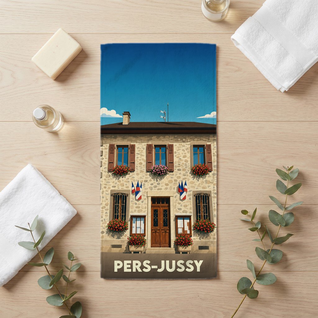 Serviette de bain souvenir de la ville de Pers-Jussy avec une illustration stylisée de sa mairie.