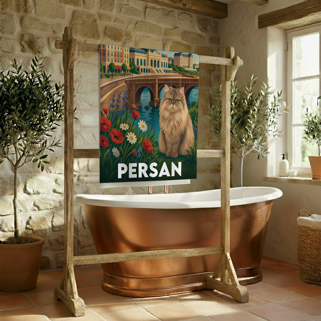 Serviette de bain souvenir de la ville de Persan avec une illustration stylisée d'un chat et d'un pont.