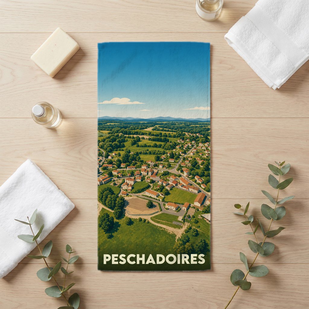 Serviette de bain souvenir de la ville de Peschadoires avec une illustration aérienne stylisée.