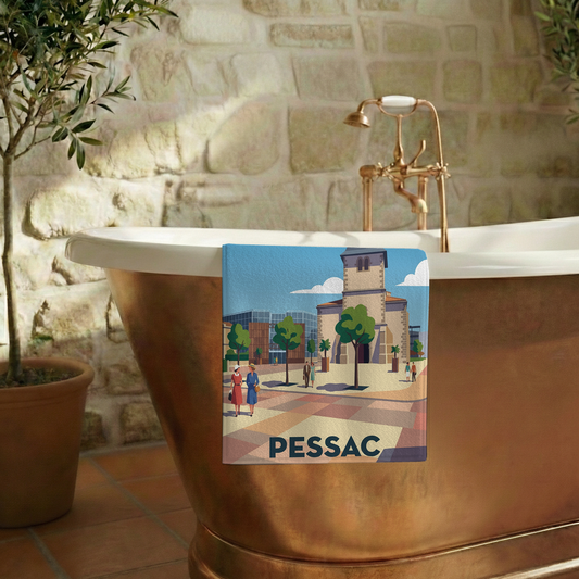 Serviette de bain souvenir de la ville de Pessac avec une illustration stylisée.