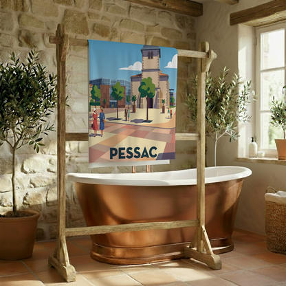 Serviette de bain souvenir de la ville de Pessac avec une illustration stylisée.