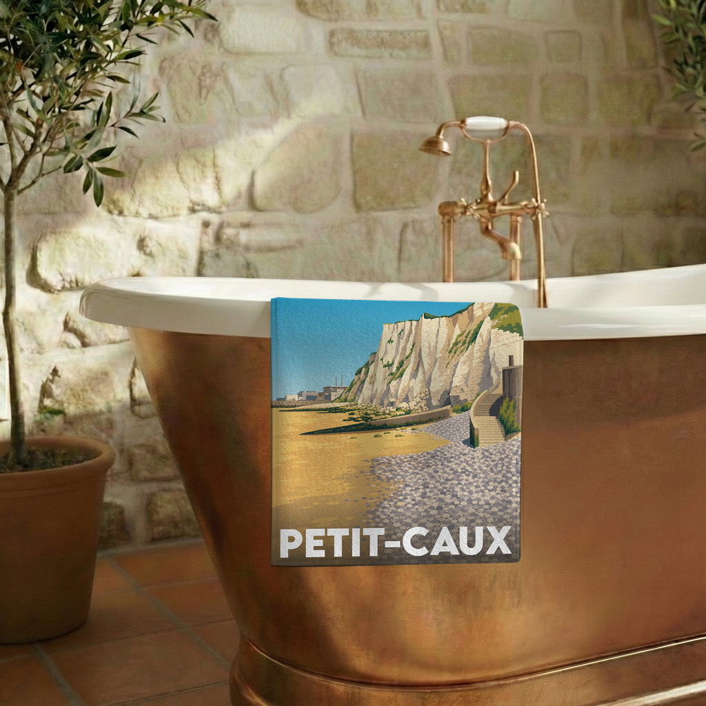 Serviette de bain souvenir de Petit-Caux avec une illustration stylisée de ses falaises.