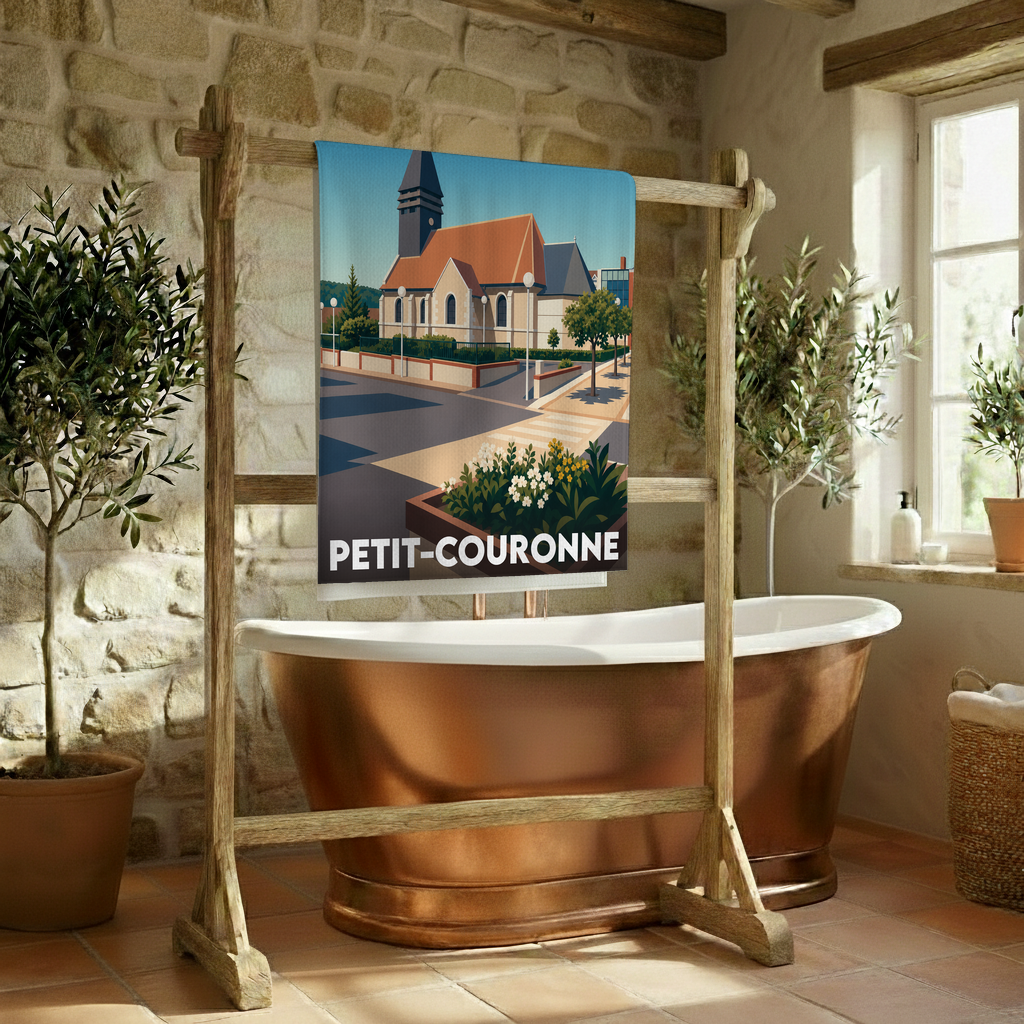 Serviette de bain souvenir de la ville de Petit-Couronne avec une illustration stylisée.