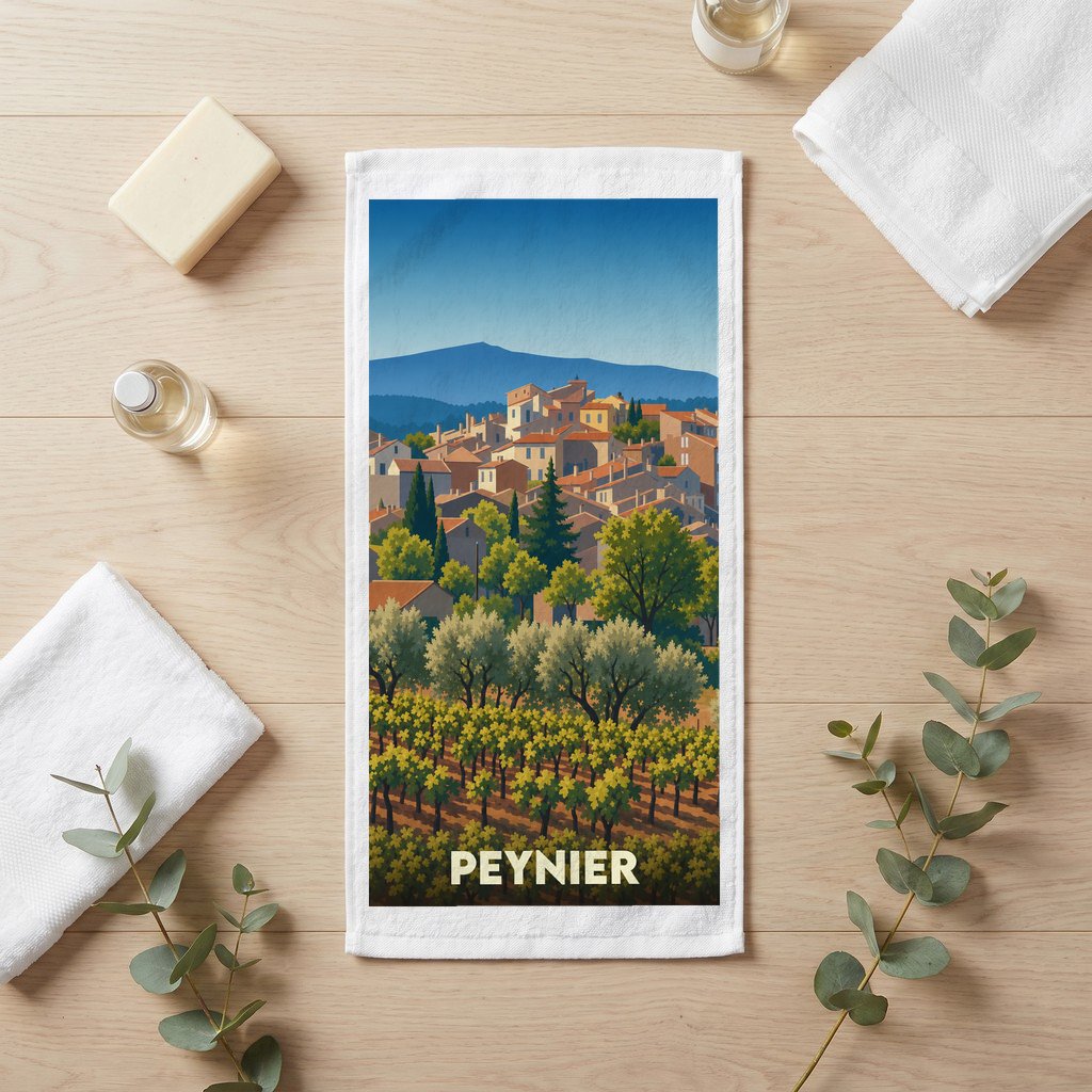 Serviette de toilette souvenir de la ville de Peynier avec une illustration stylisée de son paysage provençal.