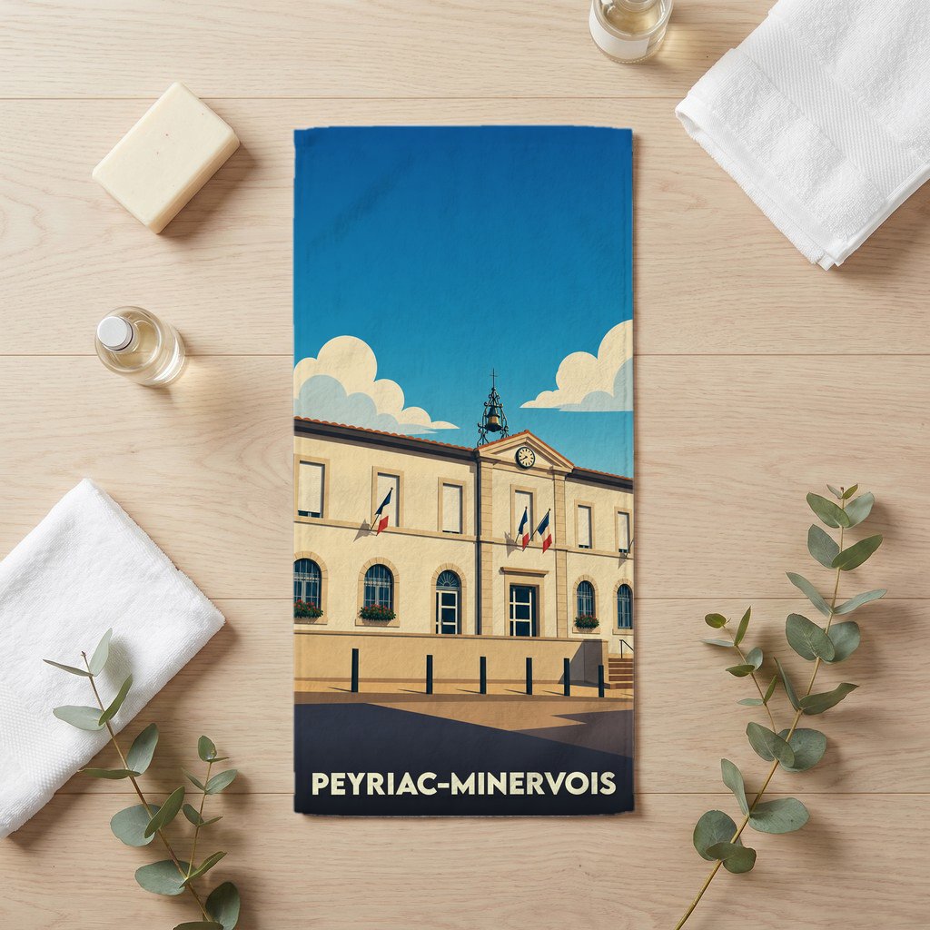 Serviette de bain souvenir de la ville de Peyriac-Minervois avec une illustration stylisée de la mairie.