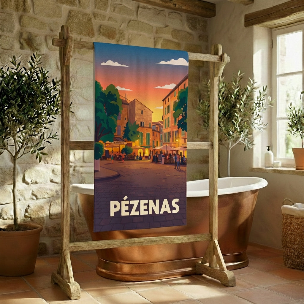 Serviette de bain souvenir de la ville de Pézenas avec une illustration stylisée d'une place au coucher du soleil.