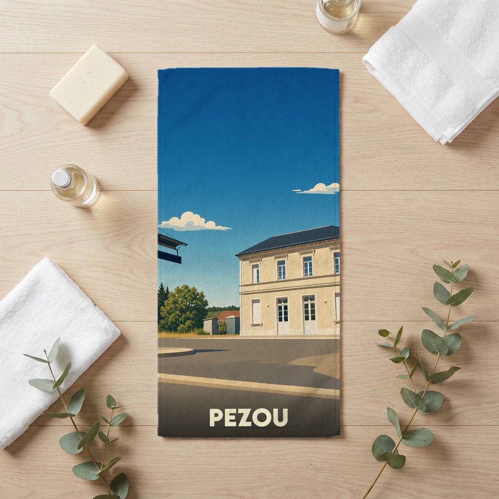 Serviette de bain souvenir de la ville de Pezou avec une illustration stylisée.