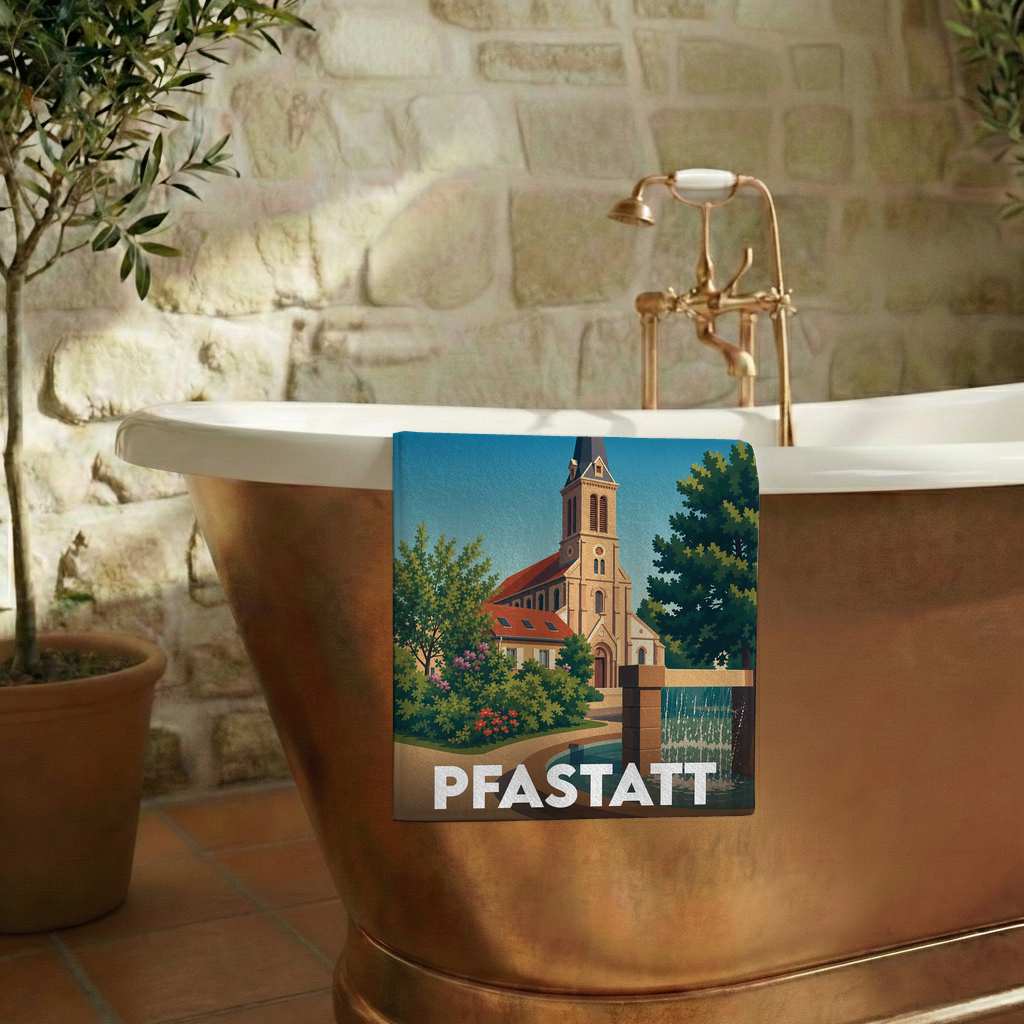 Serviette de bain souvenir de la ville de Pfastatt avec une illustration stylisée de son église.