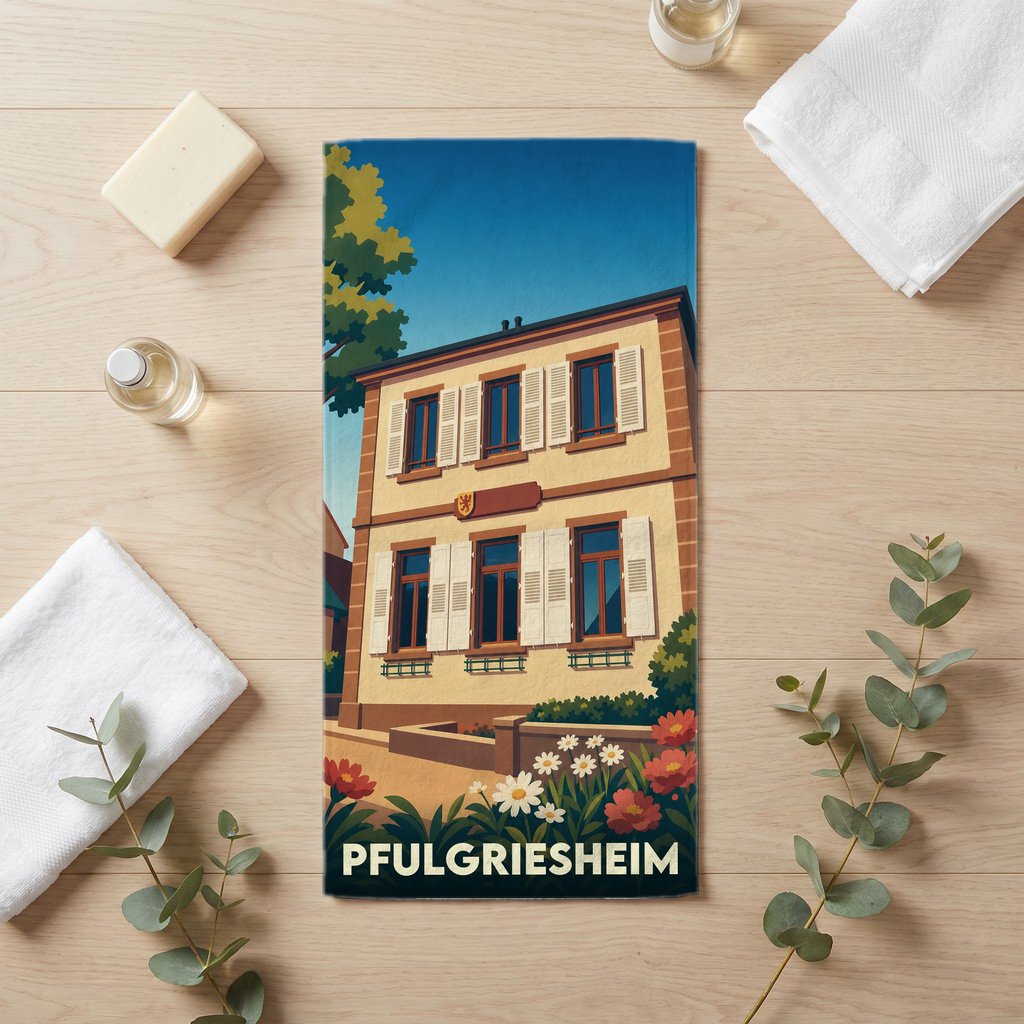 Serviette de bain souvenir de la ville de Pfulgriesheim avec une illustration stylisée.