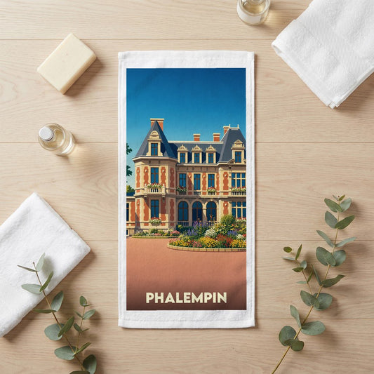 Serviette de bain souvenir de la ville de Phalempin avec une illustration stylisée d'un manoir.