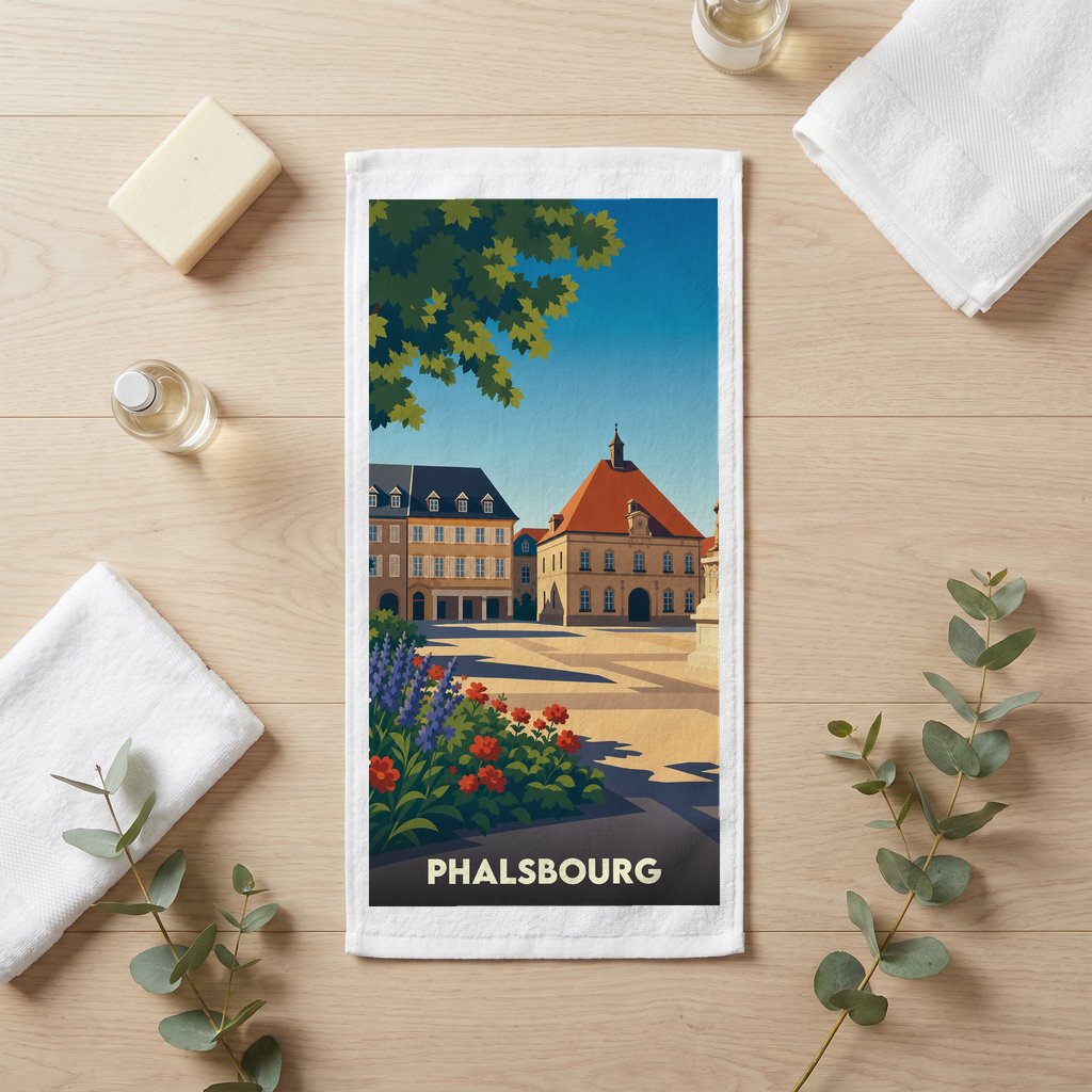 Serviette de bain souvenir de la ville de Phalsbourg avec une illustration stylisée.