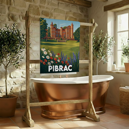 Serviette de bain souvenir de la ville de Pibrac avec une illustration stylisée de son château.