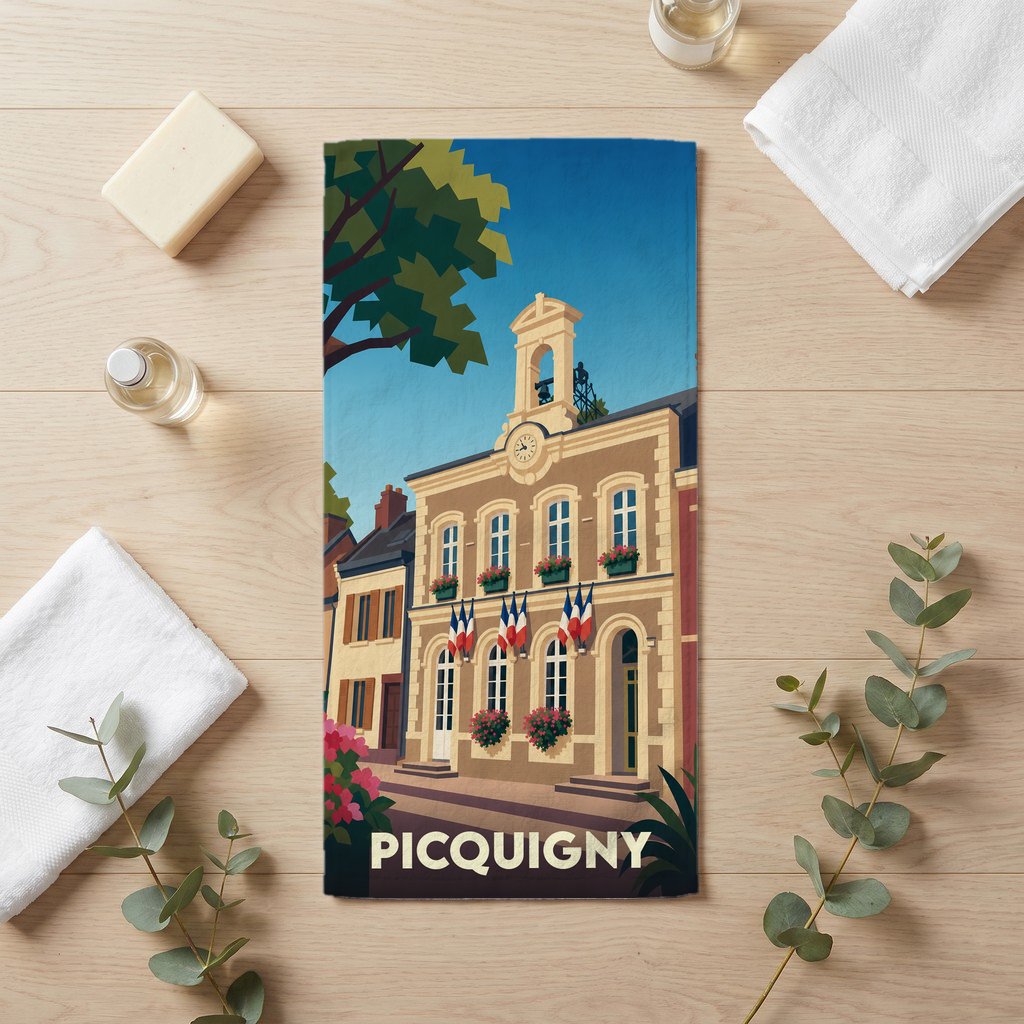 Serviette de bain souvenir de la ville de Picquigny avec une illustration stylisée de son hôtel de ville.