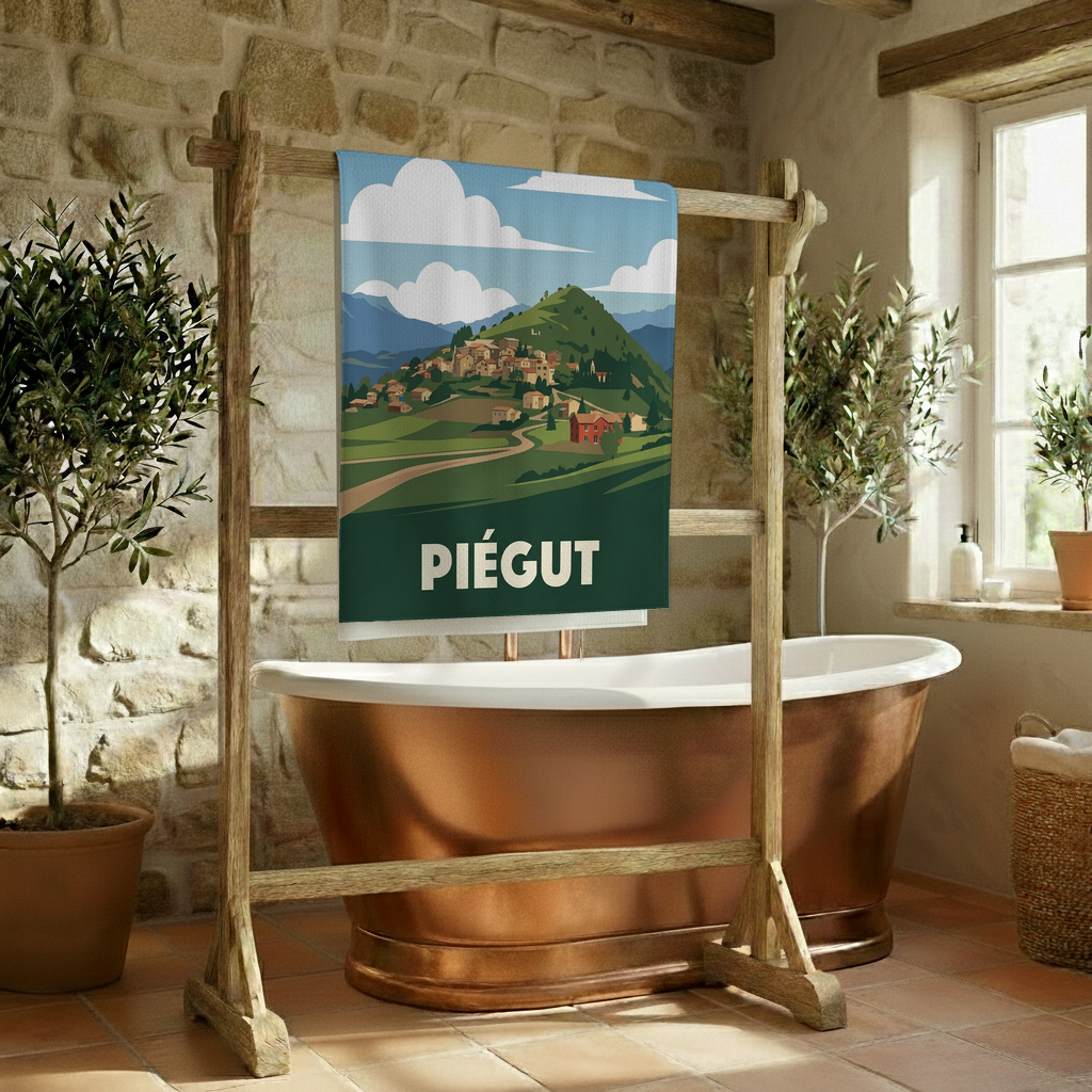Serviette de bain souvenir de la ville de Piégut avec une illustration stylisée.