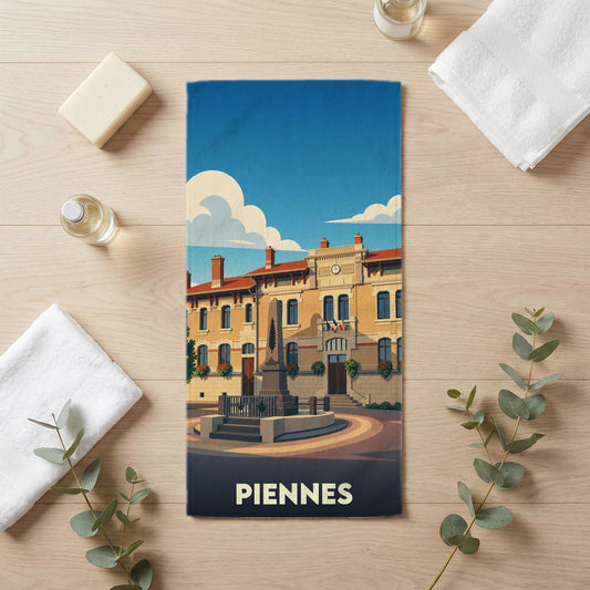 Serviette de bain souvenir de la ville de Piennes avec une illustration stylisée de son hôtel de ville.