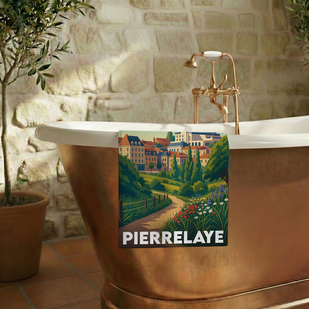 Serviette de bain souvenir de la ville de Pierrelaye avec une illustration de paysage stylisée.