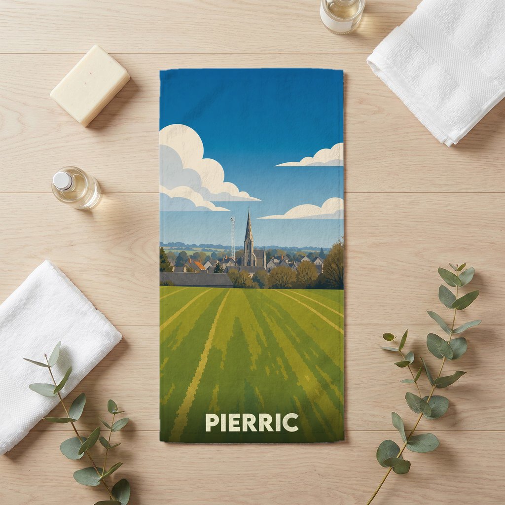 Serviette de bain souvenir de la ville de Pierric avec une illustration stylisée de son paysage et de son église.