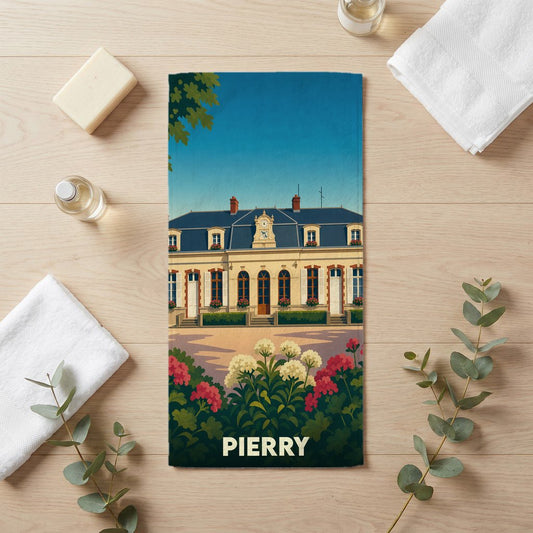 Serviette de bain souvenir de la ville de Pierry avec une illustration stylisée.