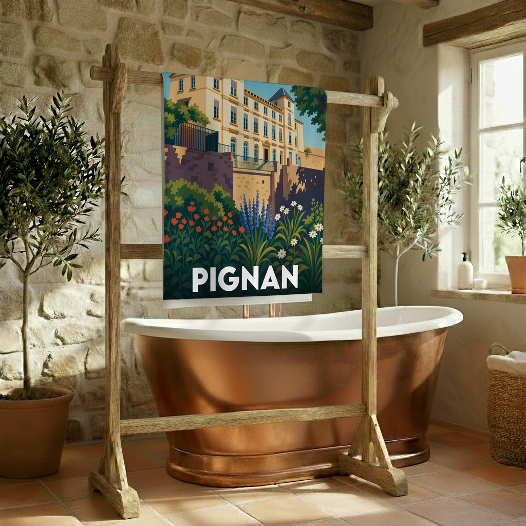 Serviette de bain souvenir de la ville de Pignan avec une illustration stylisée.
