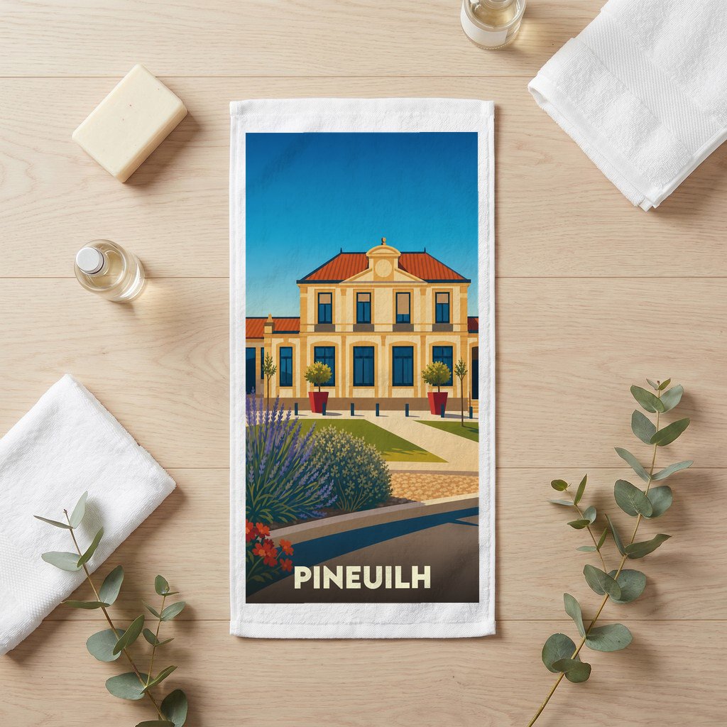 Serviette souvenir de la ville de Pineuilh avec une illustration stylisée.