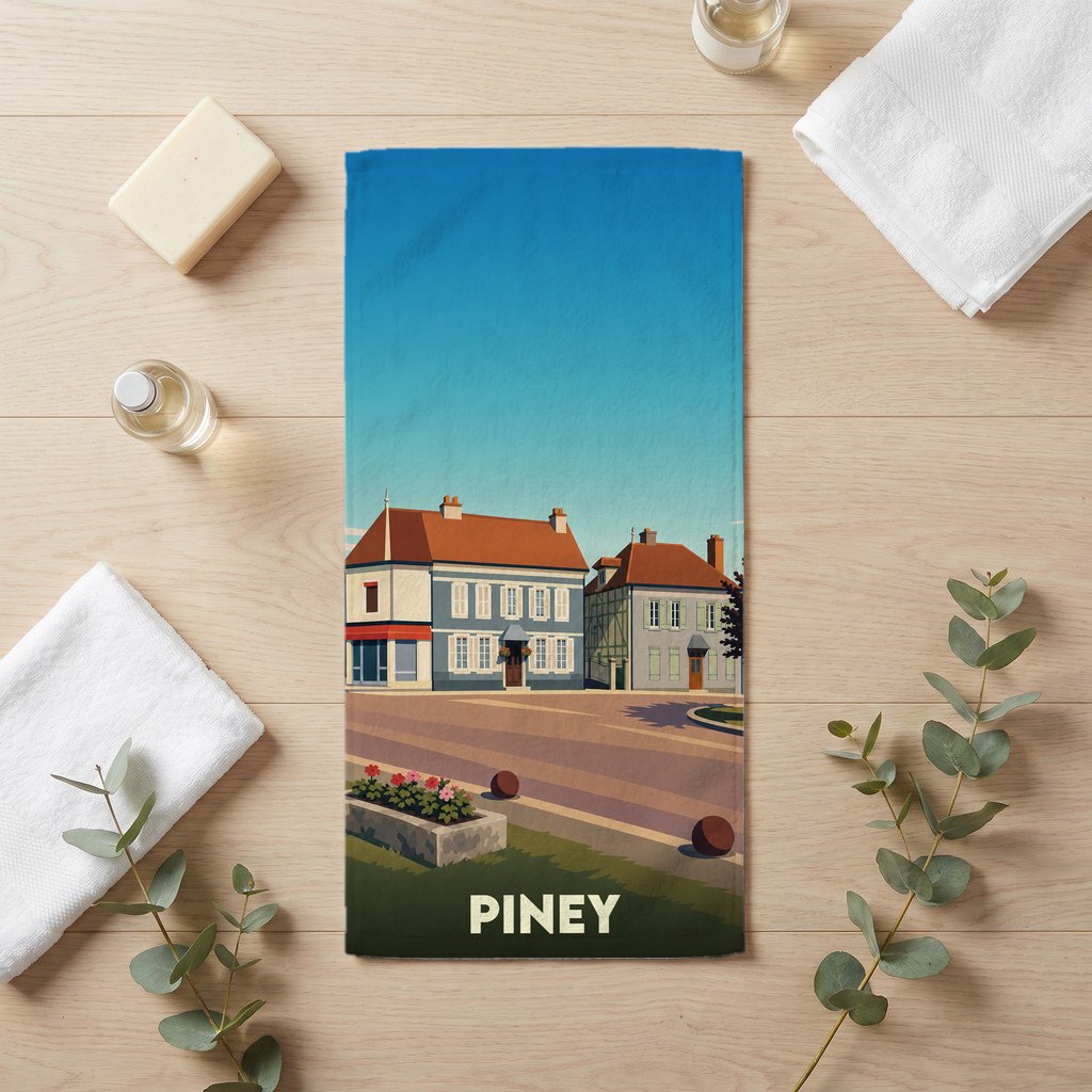 Serviette de bain souvenir de la ville de Piney avec une illustration stylisée.