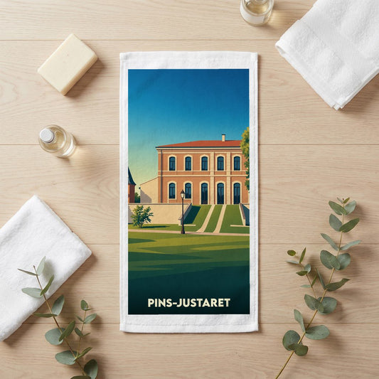 Serviette de bain souvenir de la ville de Pins-Justaret avec une illustration stylisée.