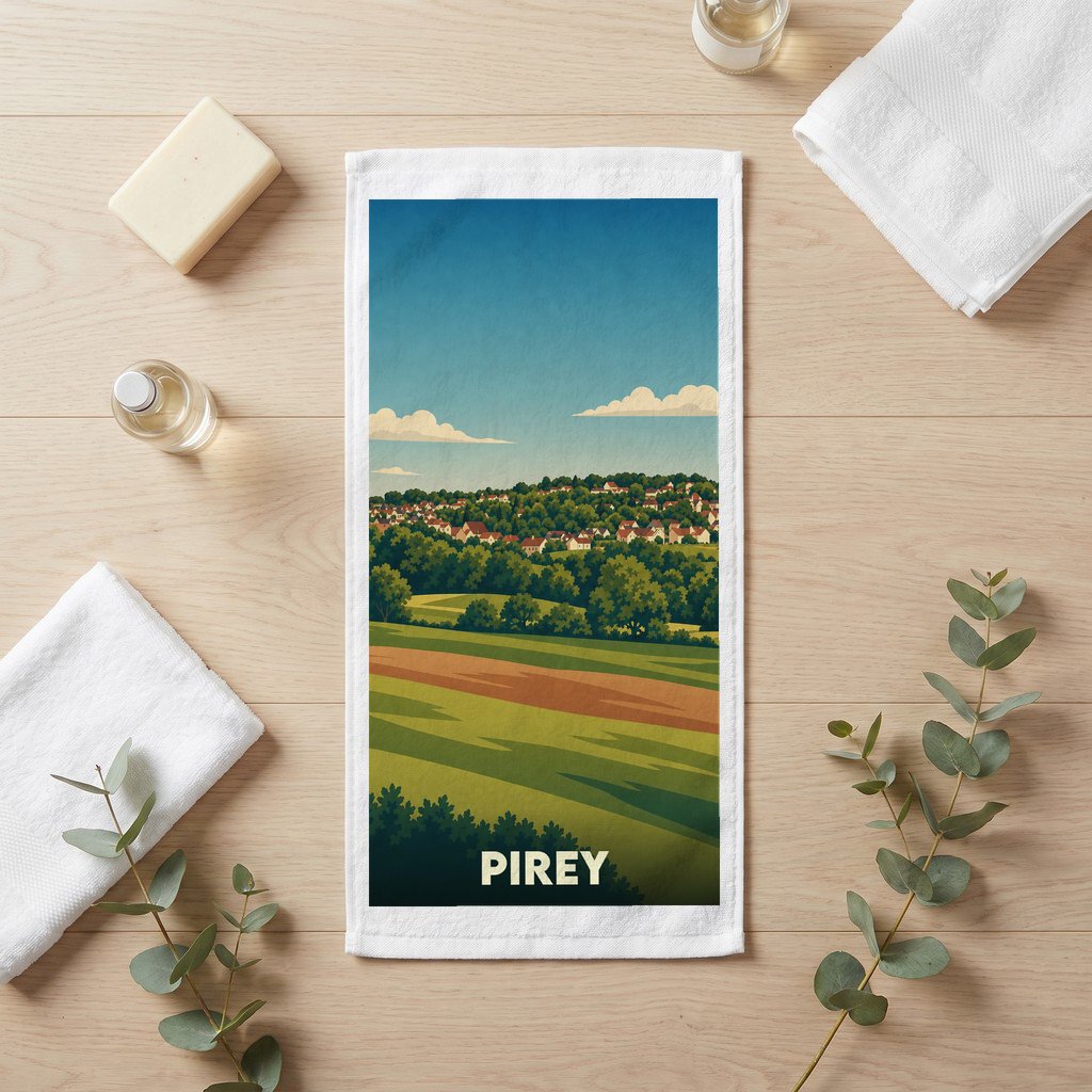 Serviette de bain souvenir de la ville de Pirey avec une illustration de paysage stylisée.