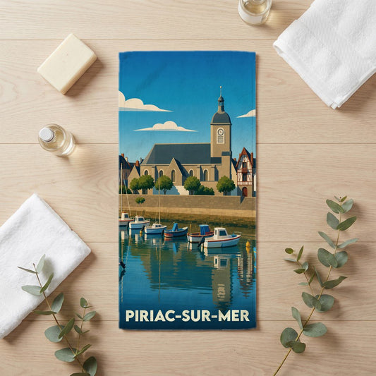 Serviette de bain souvenir de Piriac-sur-Mer illustrée par une vue stylisée du port et de son église.