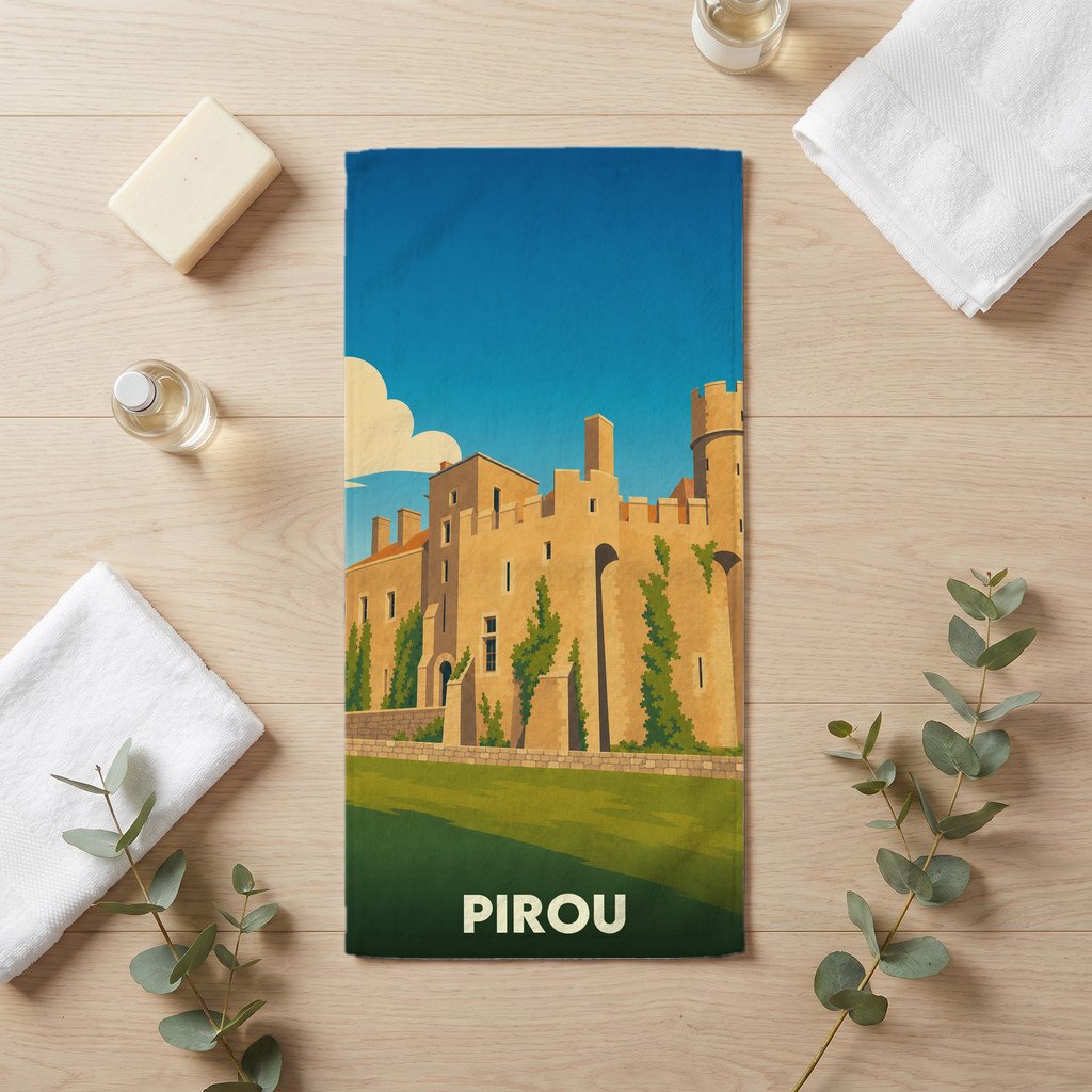 Serviette de bain souvenir de la ville de Pirou avec une illustration stylisée de son château.