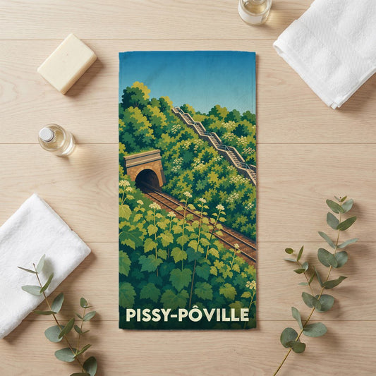 Serviette de bain souvenir de Pissy-Pôville illustrée d'un paysage verdoyant avec une voie ferrée et son tunnel.